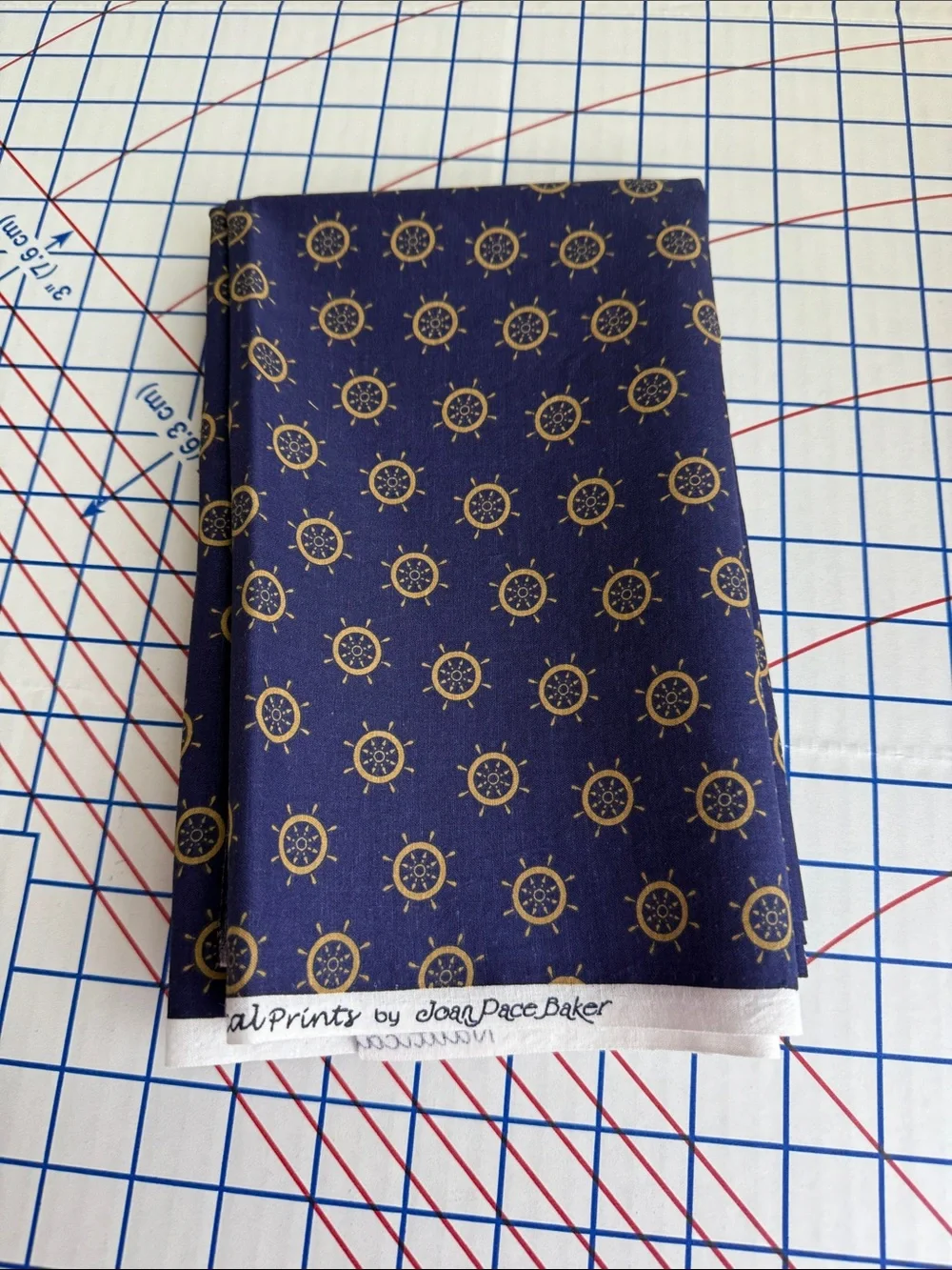 Vintage Joan Pace Baker Nautical Prints Cotton Fabric Ship Wheel Navy Gold
